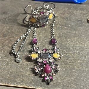 WHBM Bold Statement  Silver Necklace with Purple and Yellow Gems & Matching Cuff